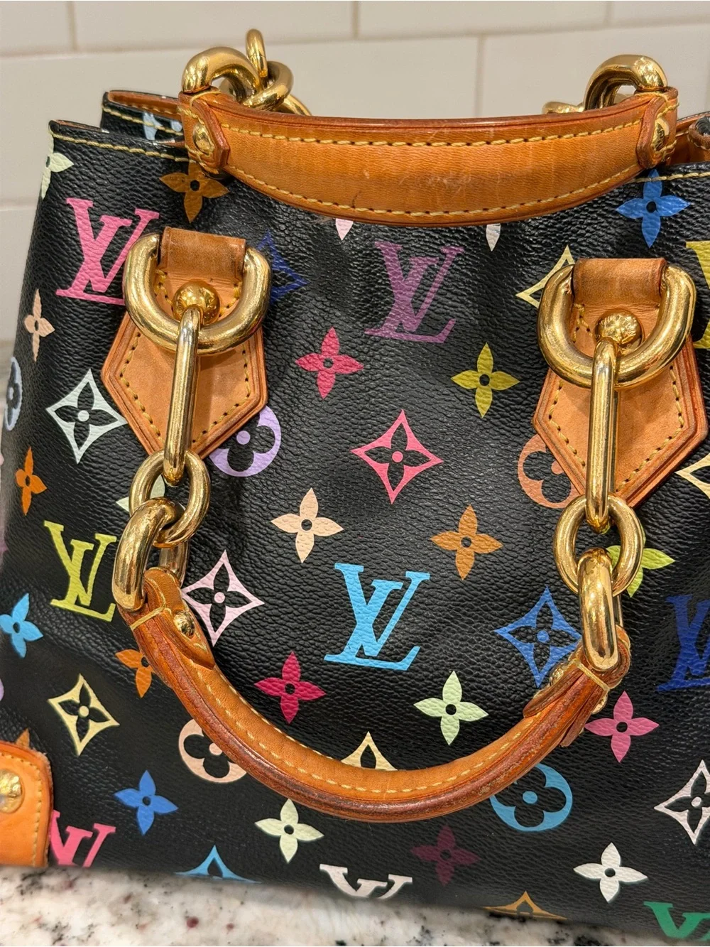 Louis Vuitton Black Multicolor Monogram Satchel with Tan Leather Trim